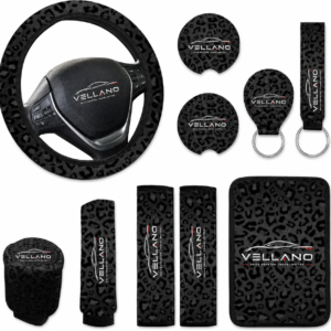 Vellano 10 Pieces Leopard Print Car Steering Wheel Cover Center Console Armrest Pad Headrest