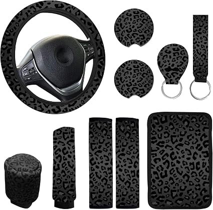 Vellano 10 Pieces Leopard Print Car Steering Wheel Cover Center Console Armrest Pad Headrest - Image 4